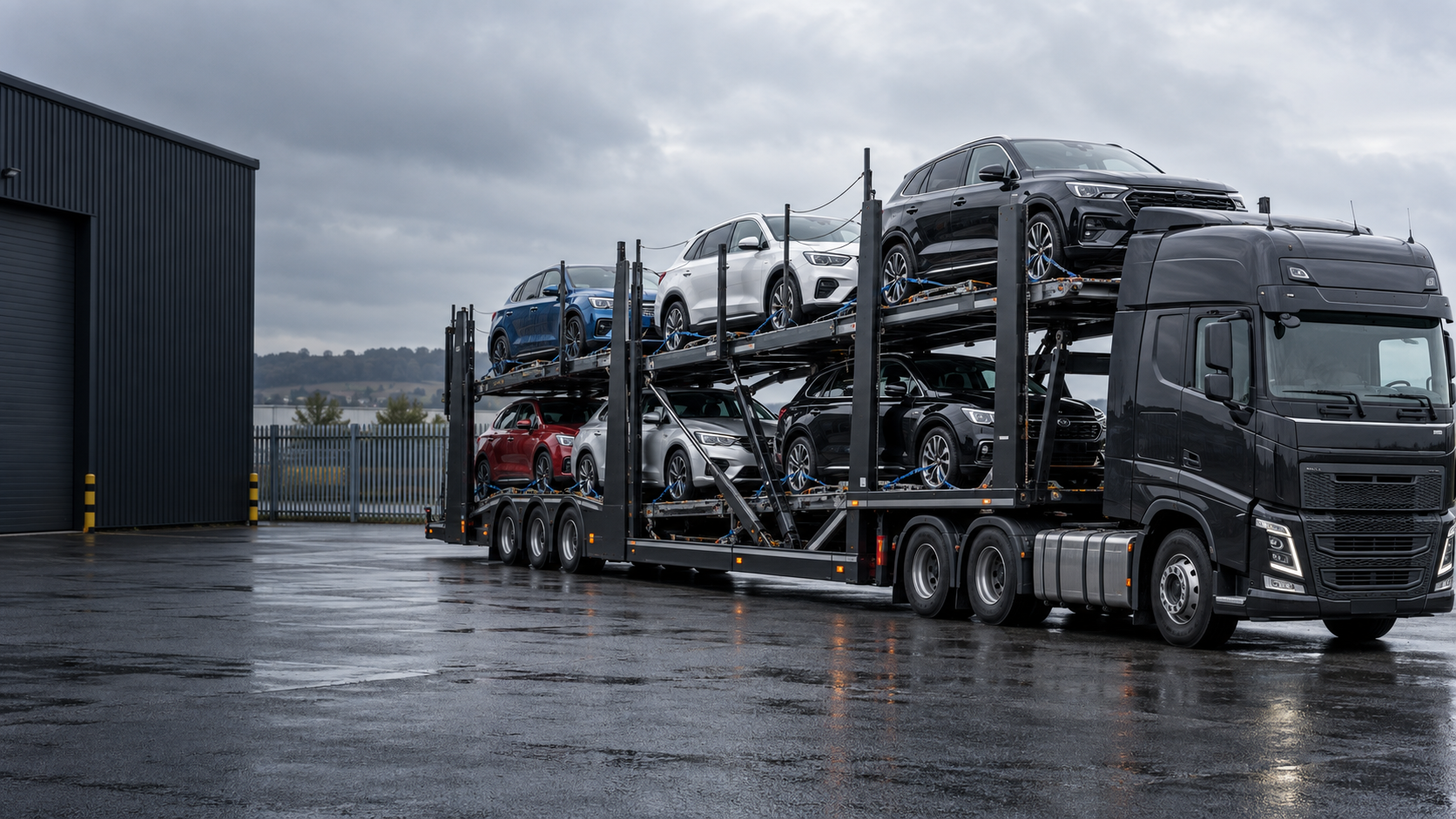 Illustrative vehicle delivery carrier transporting passenger cars